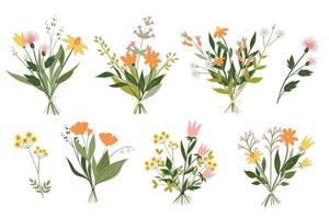 Set of cute bouquets of meadow flowers isolated on white background. Vector graphics